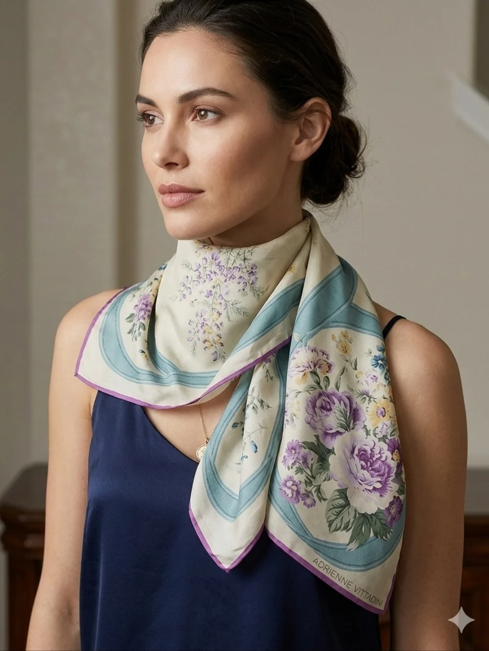Adrienne Vittadini Cream, Lavender &‎ Teal Floral Silk Scarf